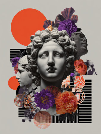 Classical sculptures mix with vibrant flowers and abstract shapes on a neutral backdrop, blending art styles and inspiring expression.の素材