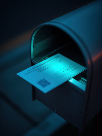 A postal box stands under a soft glow at night, with a letter halfway inserted, reflecting a quiet moment in a typically bustling urban environment.の素材
