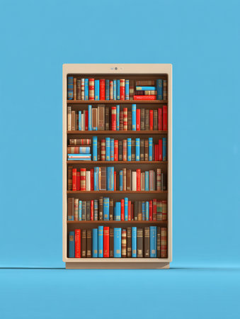 Vibrant bookshelf displays a wide range of books in different colors and sizes, set against a striking blue background, creating an eye-catching focal point.の素材