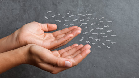 Two open hands gesture upward as abstract lines float above, representing concepts of inspiration and creativity in a modern environment.の素材