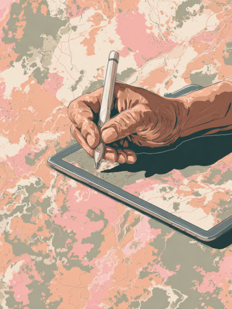 A hand is skillfully drawing on a digital tablet using a stylus, showcasing creativity against a vibrant textured background filled with soft pastel colors.の素材
