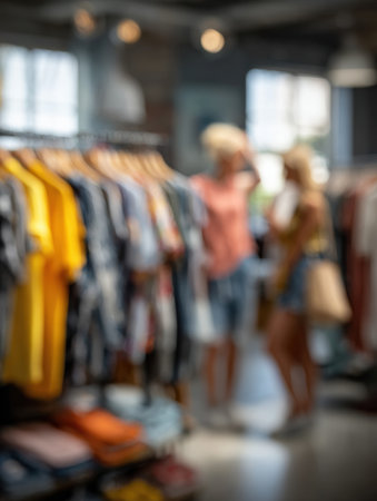 Women browse through a collection of colorful clothing in a trendy boutique, enjoying a sunny afternoon and engaging in conversation.の素材