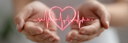 Two hands are gently cradling a glowing heart symbol with a vibrant heartbeat line, highlighting the importance of love and well-being in everyday life.の素材