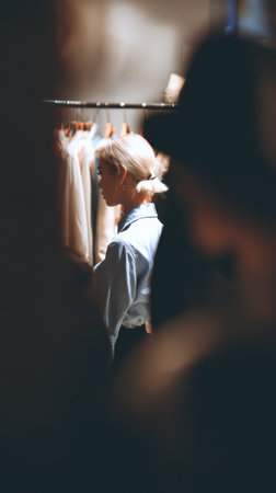 A young woman browses through clothing racks in a boutique during the evening, surrounded by a stylish atmosphere and other shoppers.の素材