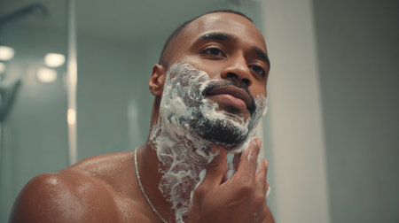 Individual applies shaving cream to face while looking in mirror in bathroom, highlighting a moment of personal grooming and self-care at home.の素材