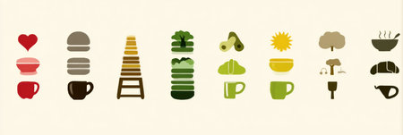 A collection of vibrant icons showcases different food items, beverages, trees, and weather elements, creatively arranged in a linear format.の素材
