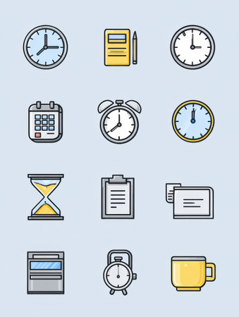 Diverse time management tools including clocks, calendars, and alarms illustrate essential elements for organization and productivity in daily tasks.の素材