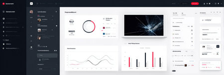 Digital dashboard showcases key performance indicators and analytics for a project, featuring graphs, tables, and a sleek user interface design.の素材