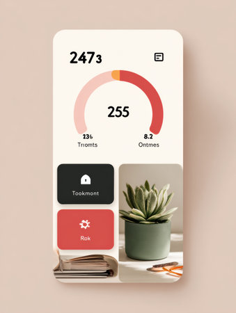 Detailed view of a smartphone interface featuring wellness tracking metrics, a decorative plant, and stationery items on a soft, neutral backdrop in daylight.の素材