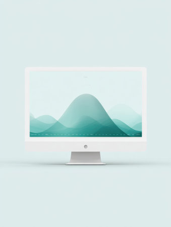 A sleek computer monitor showcases tranquil mountain visuals in shades of green, creating a calm atmosphere in a contemporary workspace.の素材