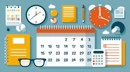 Colorful planners, calendars, clocks, and stationery laid out to illustrate organization methods and time management strategies for personal use.の素材