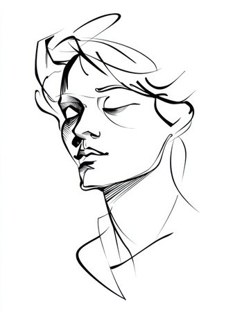 A minimalist drawing depicts a woman closed with eyes, her serene expression captured with elegant lines emphasizing tranquility and grace.の素材
