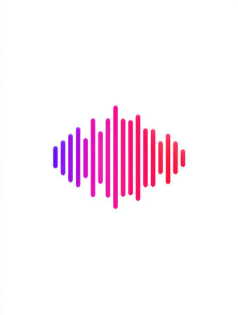 A colorful sound wave design illustrates audio frequency with vertical bars in pink and purple hues, set against a bright white backdrop.の素材