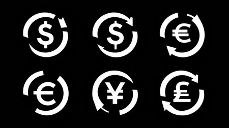 Various currency symbols including dollar, euro, yen, and pound with circular arrows show the concept of currency exchange and financial transactions.の素材