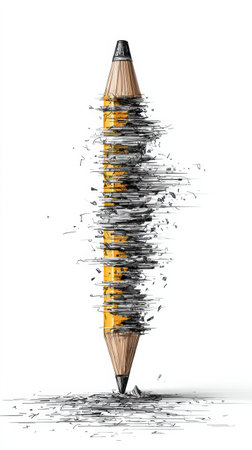 Creative process captured with a pencil disintegrating into dust and shavings, illustrating the transformation of art materials under motion.の素材