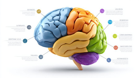Educational illustration highlighting various regions of the human brain, their names, and corresponding functions for learning purposes in neuroscience.の素材