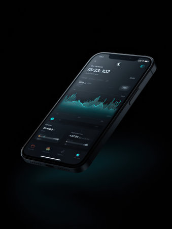 A smartphone is shown in a dark environment featuring a sound wave visualization on its screen, showing high-tech audio analysis capabilities.の素材