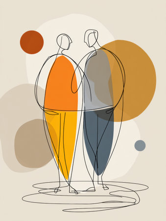 Two stylized human figures stand close, blending warmth with neutrality in a contemporary art piece that evokes connection and intimacy.の素材
