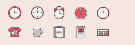 Variety of clocks, a telephone, a cup, and paperwork displayed on a soft backdrop, emphasizing the themes of scheduling and productivity in daily life.の素材