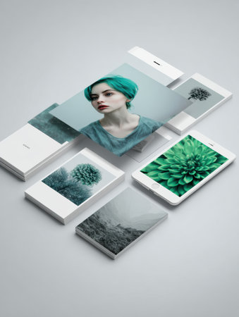 A collection of art pieces arranged on a light gray surface, featuring a striking portrait with green hair and vibrant nature elements.の素材