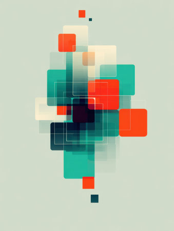 Bright geometric shapes in various colors overlap to create a vibrant modern abstract artwork featuring squares and rectangles on a soft background.の素材