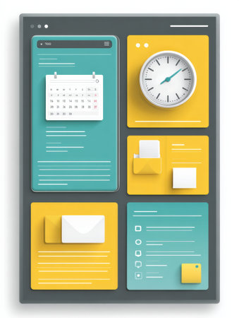 A colorful digital interface featuring a calendar, clock, and organized task panels, showing a modern design for productivity and scheduling.の素材