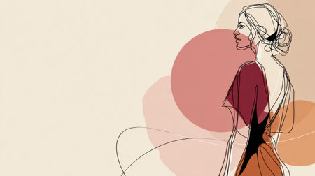 A minimalist line drawing features a woman with a serene expression, accompanied by warm abstract shapes, evoking elegance and simplicity.の素材