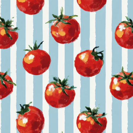 Bright red tomatoes with green stems are scattered across a light blue and white striped background, perfect for adding a fresh touch to home decor.の素材