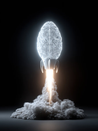 A brain-themed rocket ignites, sending up a plume of smoke as it soars into dark space, symbolizing human intelligence and ambition.の素材