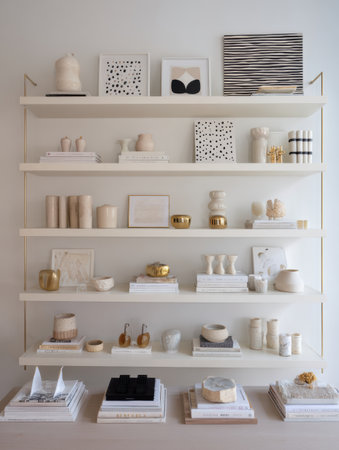 Shelves are arranged with various decorative items and art pieces in neutral tones, creating a serene and modern home decor atmosphere.の素材