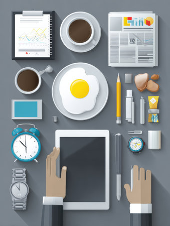 A workspace displays two cups of coffee, a breakfast plate with an egg, a tablet, a clock, and various stationery items, suggesting a productive morning.の素材