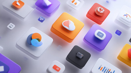 A collection of vibrant application icons in various shapes and colors is displayed against a light background, representing contemporary digital design styles.の素材