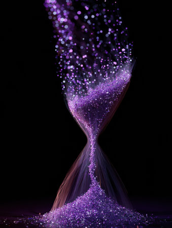 Intricate swirl of purple particles forms an hourglass shape against a dark background, illustrating the concept of time passing and movement.の素材