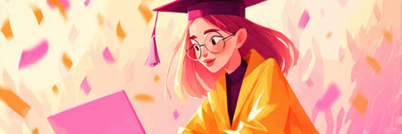 Joyful young woman in a graduation cap and gown engages with her laptop surrounded by colorful confetti, capturing the essence of achievement and celebration.の素材