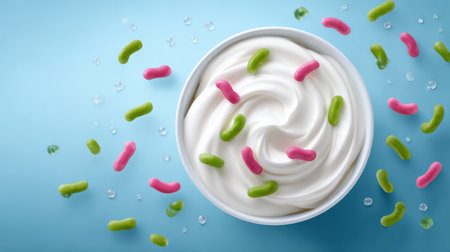 Soft serve cream in a bowl is decorated with vibrant candy sprinkles on a light blue background, creating a fun and inviting dessert experienceの素材