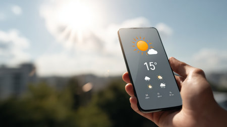 Bright sunlight illuminates a person holding a smartphone showing a weather forecast with a sunny icon and temperature of 15 degrees Celsius.の素材