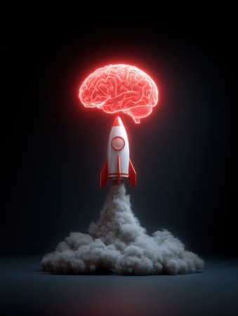 A rocket is taking off from a cloud of smoke with a radiant brain hovering above, illustrating the connection between imagination and technological advancement.の素材
