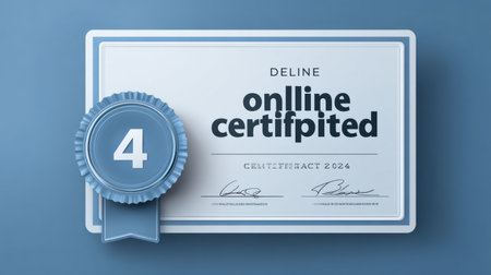 A certificate recognizing online completion with a blue ribbon indicating achievement level 4, dated 2024. Displays elegant design and official signatures.の素材