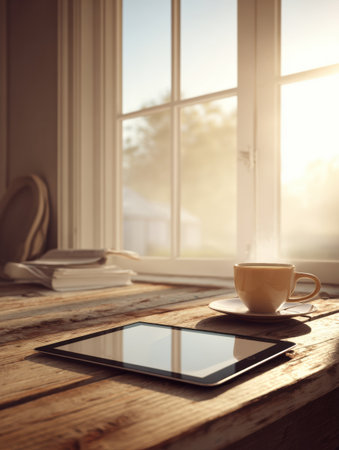 Sunlight streams through a window onto a rustic wooden table featuring a tablet and a warm cup of coffee, creating a cozy morning atmosphere.の素材