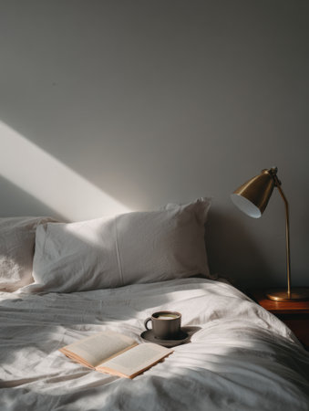 Soft bedding is arranged on a bed with a book and coffee cup resting on it. Morning light streams in, creating a warm and inviting atmosphere.の素材