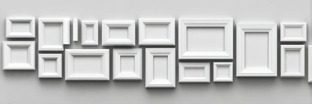 Empty white frames of various sizes and styles are organized neatly on a light wall, offering a minimalist aesthetic perfect for art display and decoration.の素材