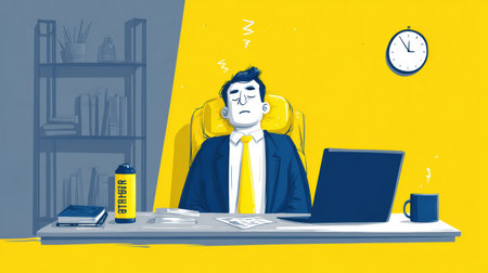 Office worker in a suit shows signs of exhaustion while seated at a cluttered desk with documents, a laptop, and a clock indicating afternoon hoursの素材