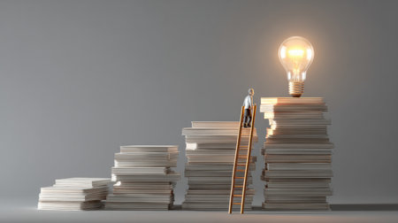 A figure ascends a wooden ladder, reaching for a glowing light bulb positioned atop a large stack of paperwork, symbolizing innovation and hard work.の素材