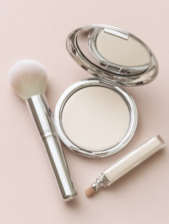 Compact powder, a soft brush, and a lip gloss tube are displayed on a soft pastel background, showing essential makeup tools for beauty routines.の素材