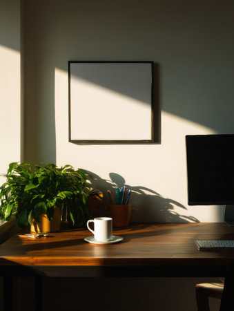 Bright sunlight fills a workspace, illuminating a desk with a coffee cup, potted plant, and neatly arranged stationery, creating a peaceful vibe.の素材