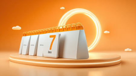 A calendar stands on a circular platform showcasing the number seven prominently, surrounded by an orange backdrop and soft cloud shapes for a cheerful look.の素材