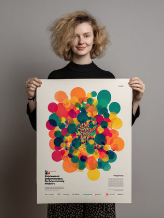 A young woman presents a vibrant abstract poster featuring brightly colored circles and patterns. The neutral backdrop enhances the artworks boldness.の素材