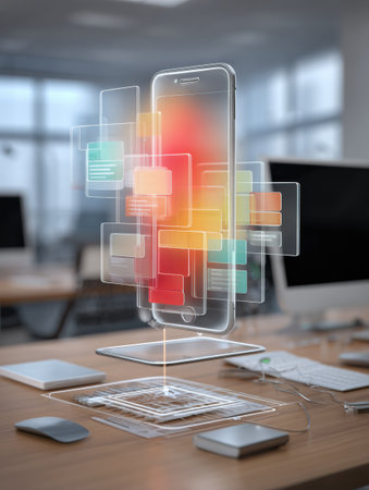 A modern office showcases a smartphone with virtual elements, emphasizing seamless digital interactions and boosting productivity.の素材