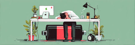 Tired employee leans over a desk with a giant battery below, surrounded by plants, a computer, and a clock, reflecting work fatigue in a contemporary office.の素材