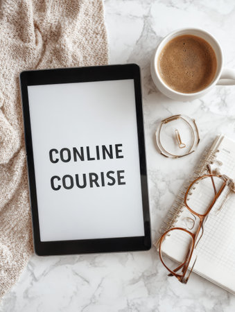 A tablet displays online course content alongside a cup of coffee, reading glasses, and a notebook in a warm, inviting workspace setting.の素材